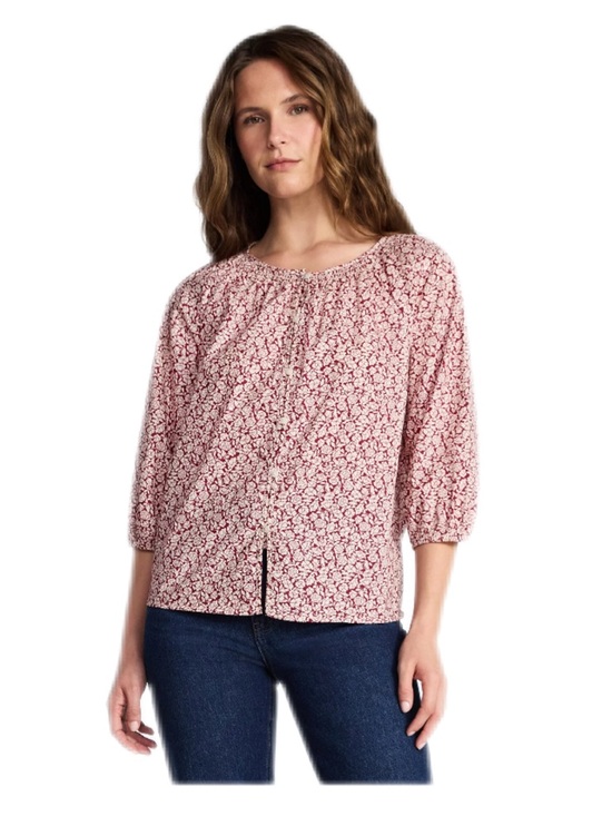 Time and Tru Tops - Time and Tru Burgundy and Cream Floral 3/4 Sleeve Peasant Blouse Size Medium